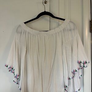 White Off-Shoulder Top with Colorful Trim